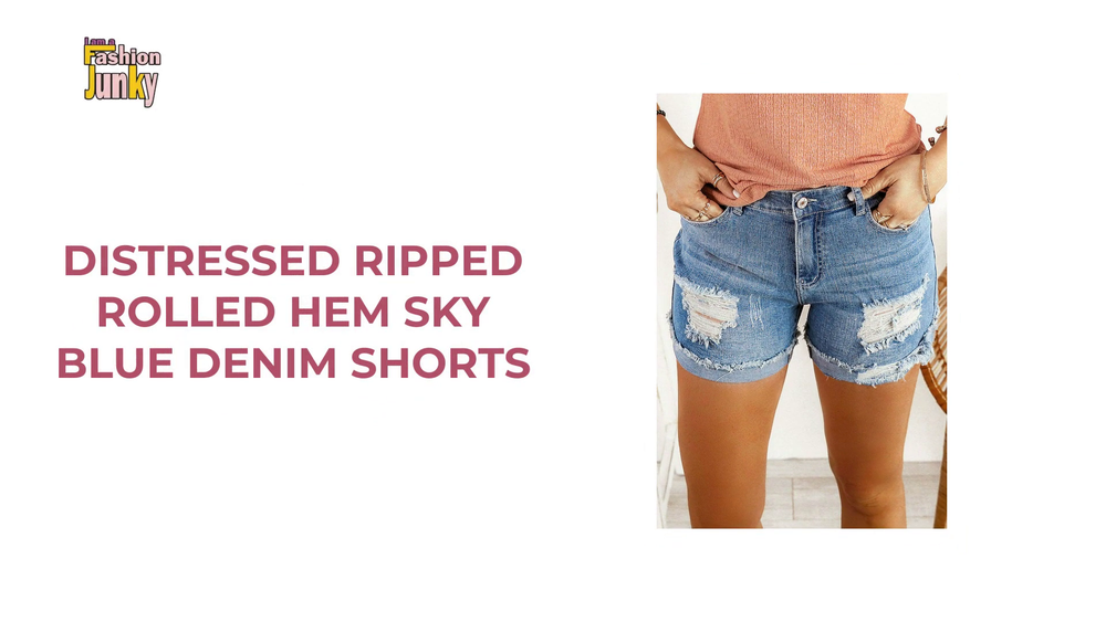 Distressed Ripped Rolled Hem Sky Blue Denim Shorts by@Outfy