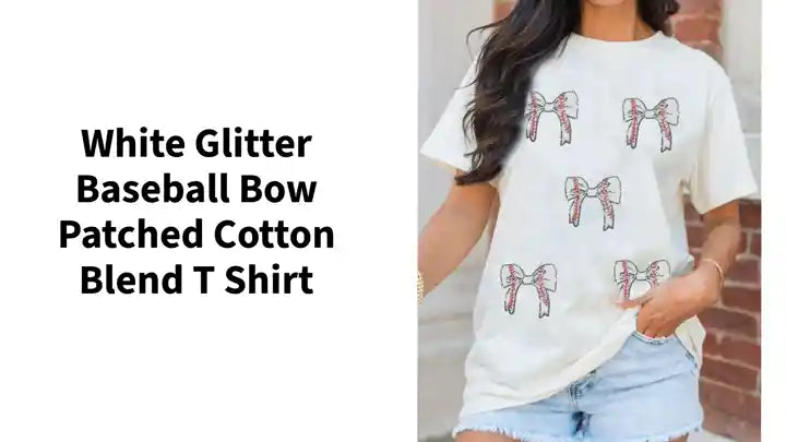 White Glitter Baseball Bow Patched Cotton Blend T Shirt by@Outfy