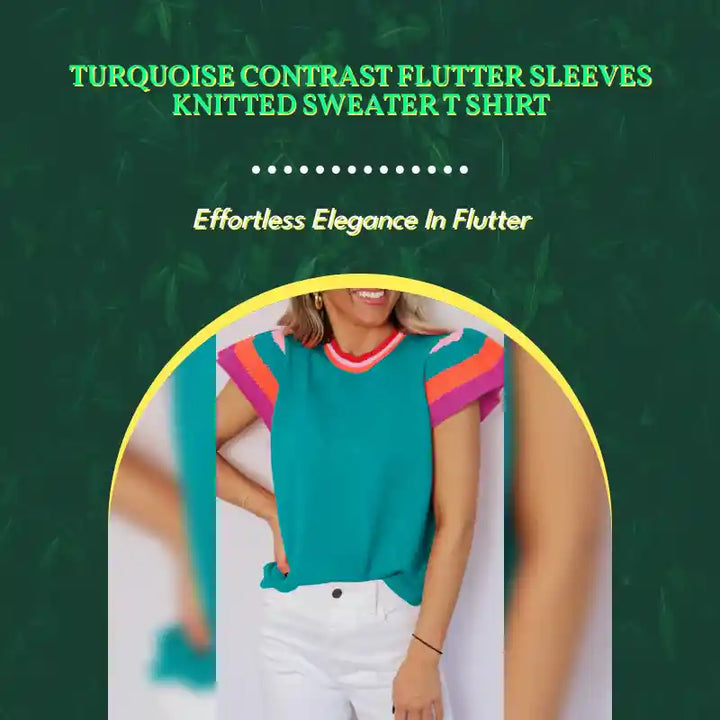 Turquoise Contrast Flutter Sleeves Knitted Sweater T Shirt by@Outfy