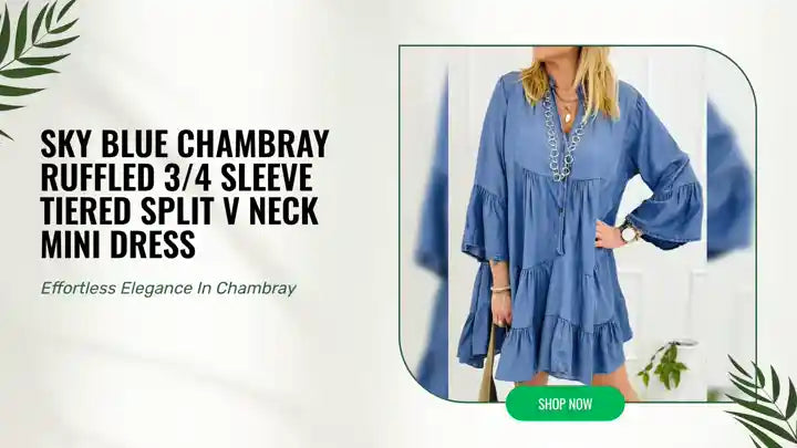 Sky Blue Chambray Ruffled 3/4 Sleeve Tiered Split V Neck Mini Dress by@Outfy