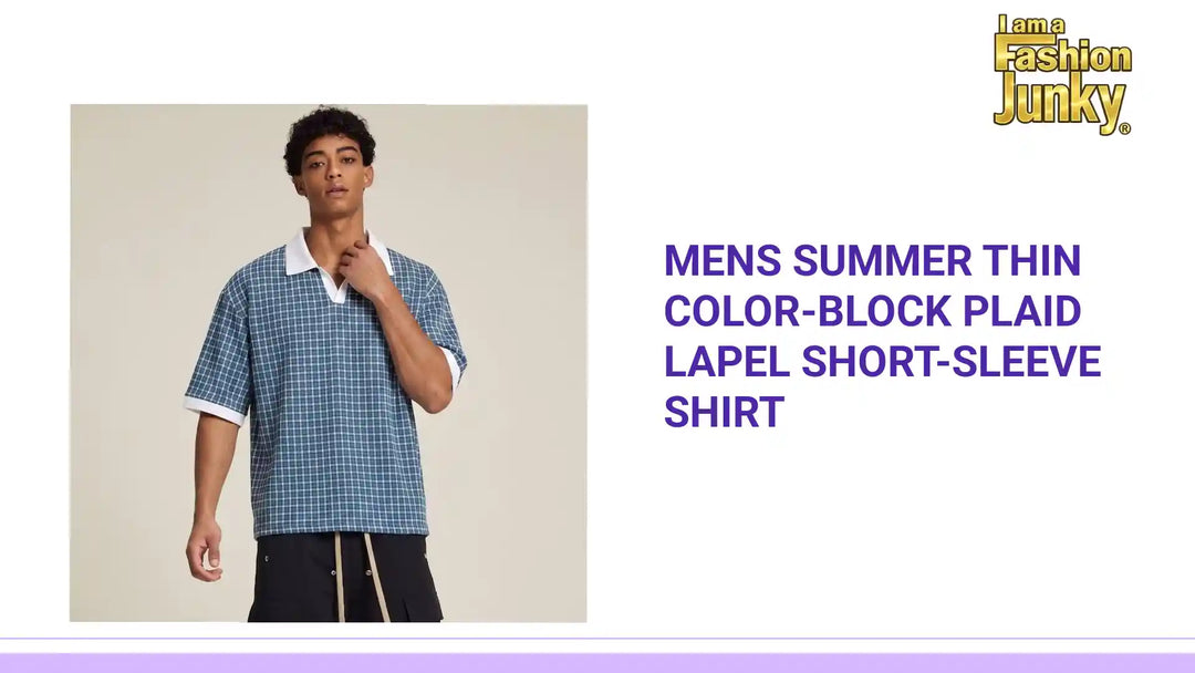 Mens Summer Thin Color-Block Plaid Lapel Short-Sleeve Shirt by@Outfy