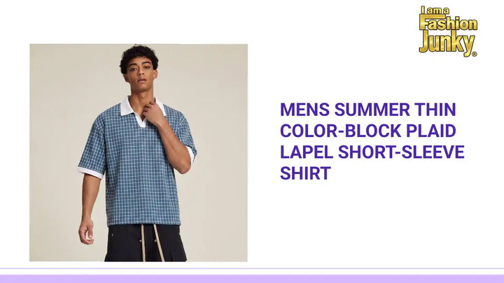 Mens Summer Thin Color-Block Plaid Lapel Short-Sleeve Shirt by@Outfy