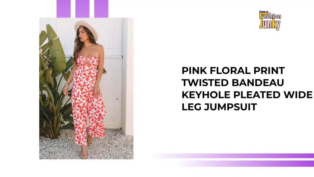 Pink Floral Print Twisted Bandeau Keyhole Pleated Wide Leg Jumpsuit by@Outfy