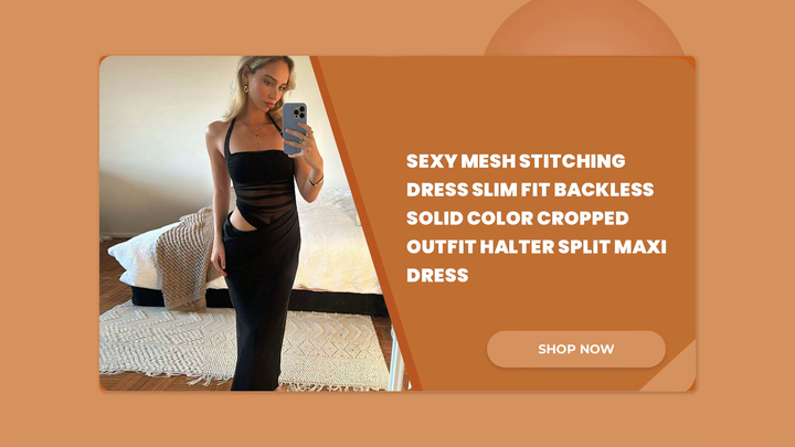 Sexy Mesh Stitching Dress Slim Fit Backless Solid Color Cropped Outfit Halter Split Maxi Dress by@Outfy