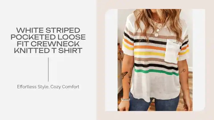 White Striped Pocketed Loose Fit Crewneck Knitted T Shirt by@Outfy
