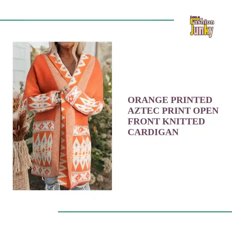Orange Printed Aztec Print Open Front Knitted Cardigan by@Outfy