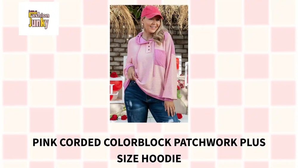 Pink Corded Colorblock Patchwork Plus Size Hoodie by@Outfy