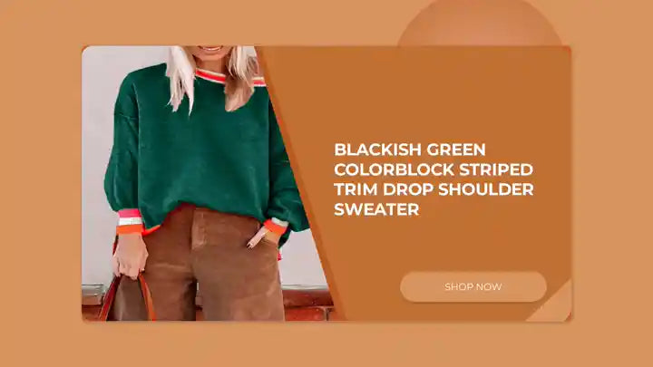 Blackish Green Colorblock Striped Trim Drop Shoulder Sweater by@Outfy