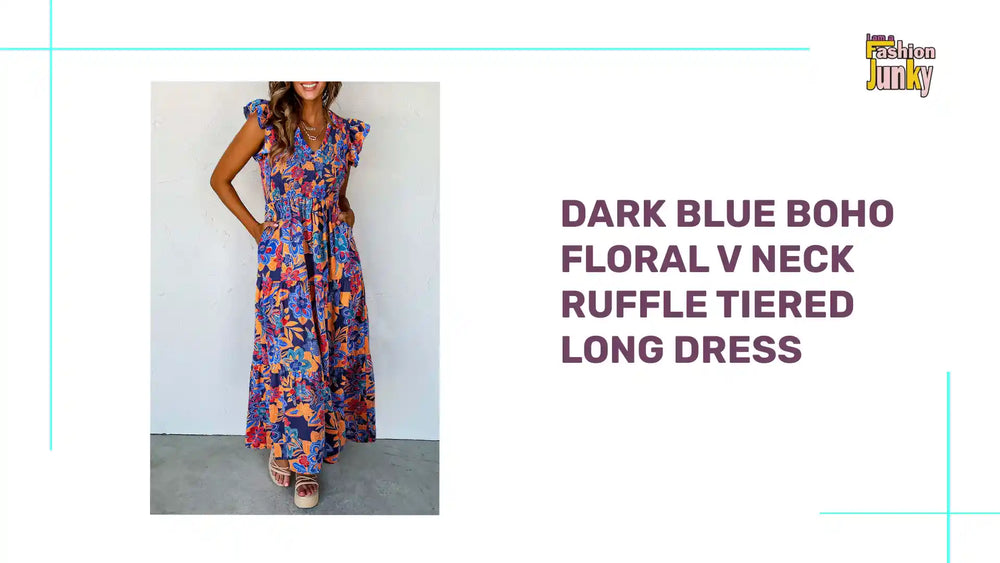 Dark Blue Boho Floral V Neck Ruffle Tiered Long Dress by@Outfy