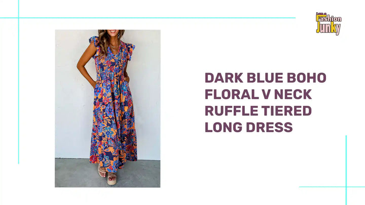 Dark Blue Boho Floral V Neck Ruffle Tiered Long Dress by@Outfy