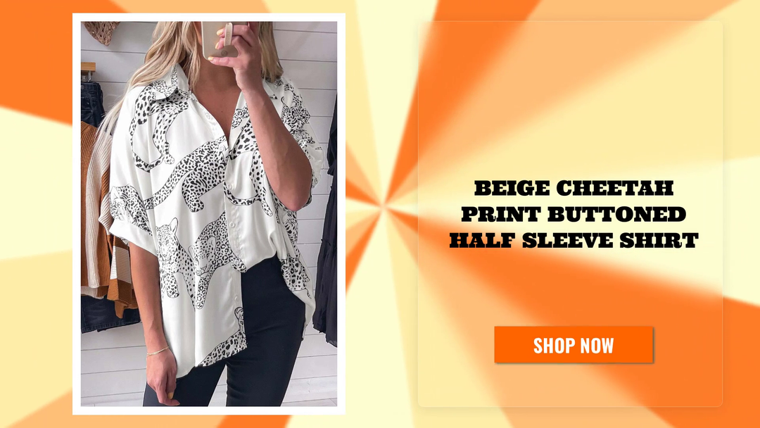 Beige Cheetah Print Buttoned Half Sleeve Shirt by@Outfy