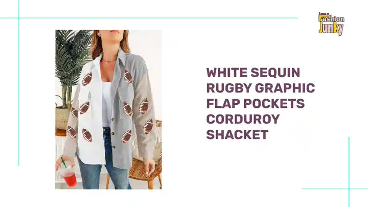 White Sequin Rugby Graphic Flap Pockets Corduroy Shacket by@Outfy