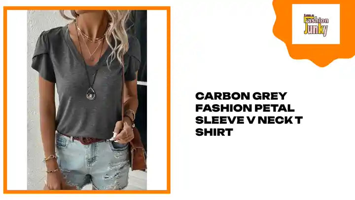 Carbon Grey Fashion Petal Sleeve V Neck T Shirt by@Outfy