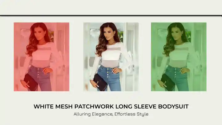 White Mesh Patchwork Long Sleeve Bodysuit by@Outfy