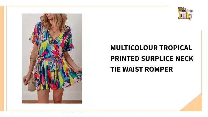 Multicolour Tropical Printed Surplice Neck Tie Waist Romper by@Outfy