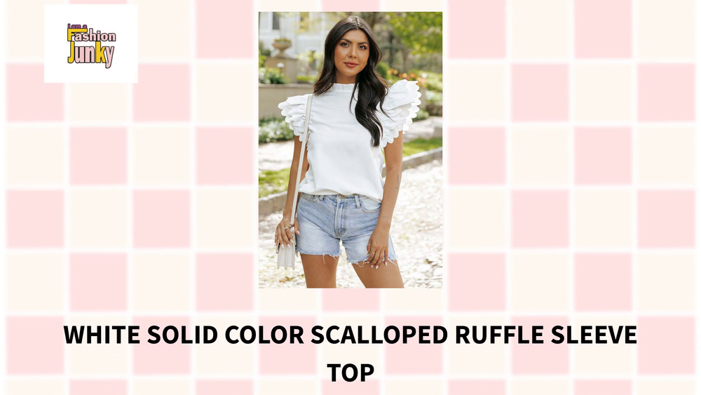 White Solid Color Scalloped Ruffle Sleeve Top by@Outfy