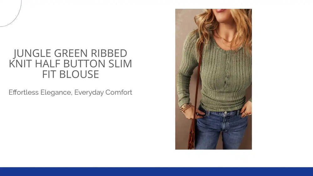 Jungle Green Ribbed Knit Half Button Slim Fit Blouse by@Outfy