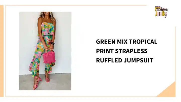 Green Mix Tropical Print Strapless Ruffled Jumpsuit by@Outfy