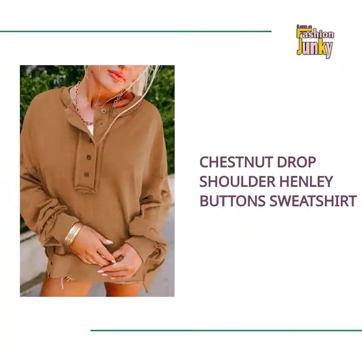 Chestnut Drop Shoulder Henley Buttons Sweatshirt by@Outfy