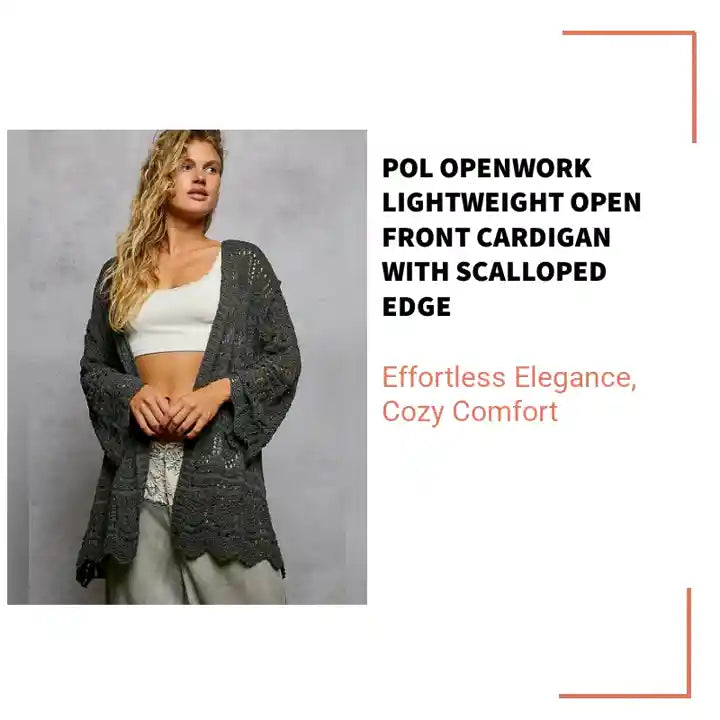 POL Openwork Lightweight Open Front Cardigan with Scalloped Edge by@Outfy