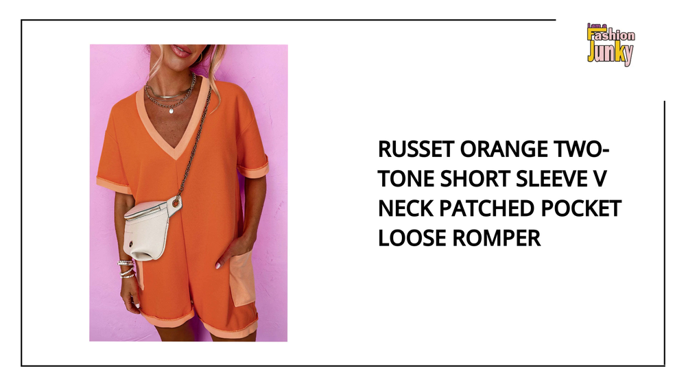 Russet Orange Two-tone Short Sleeve V Neck Patched Pocket Loose Romper by@Outfy