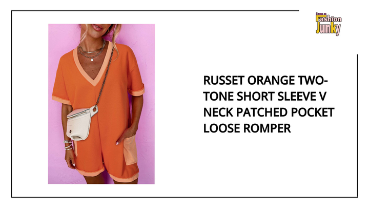 Russet Orange Two-tone Short Sleeve V Neck Patched Pocket Loose Romper by@Outfy
