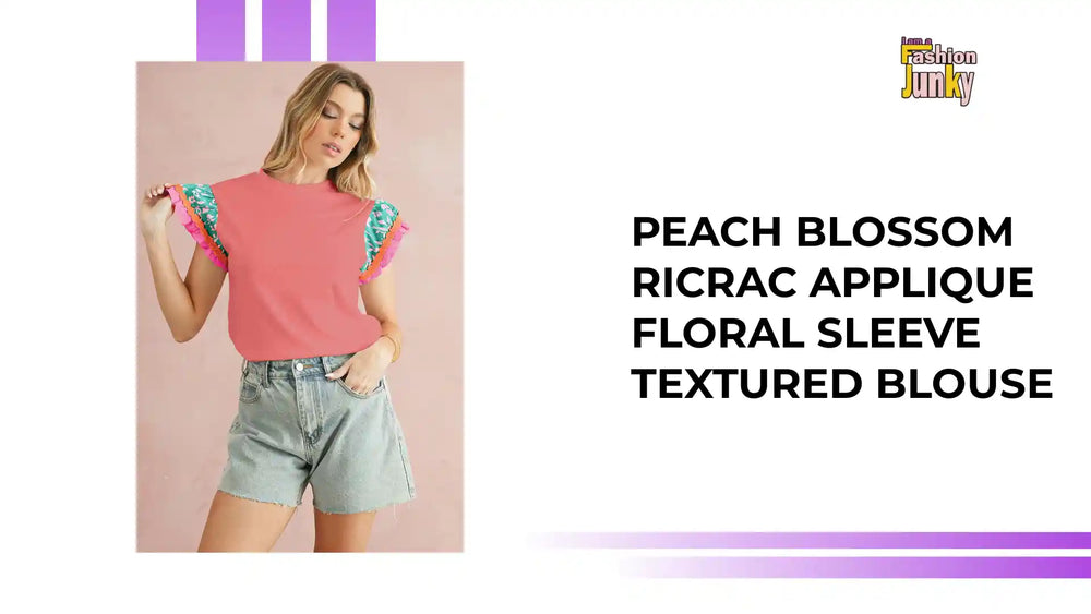 Peach Blossom Ricrac Applique Floral Sleeve Textured Blouse by@Outfy