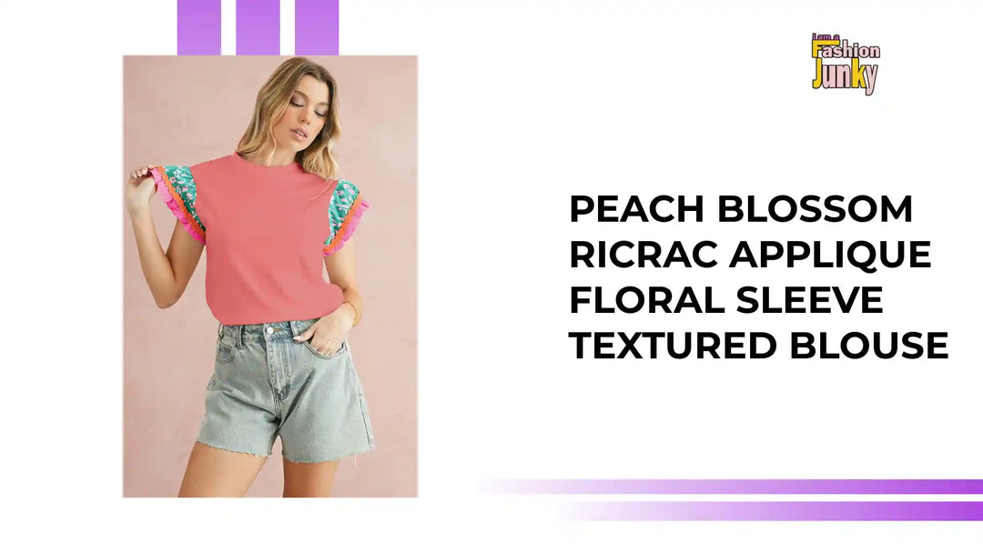 Peach Blossom Ricrac Applique Floral Sleeve Textured Blouse by@Outfy