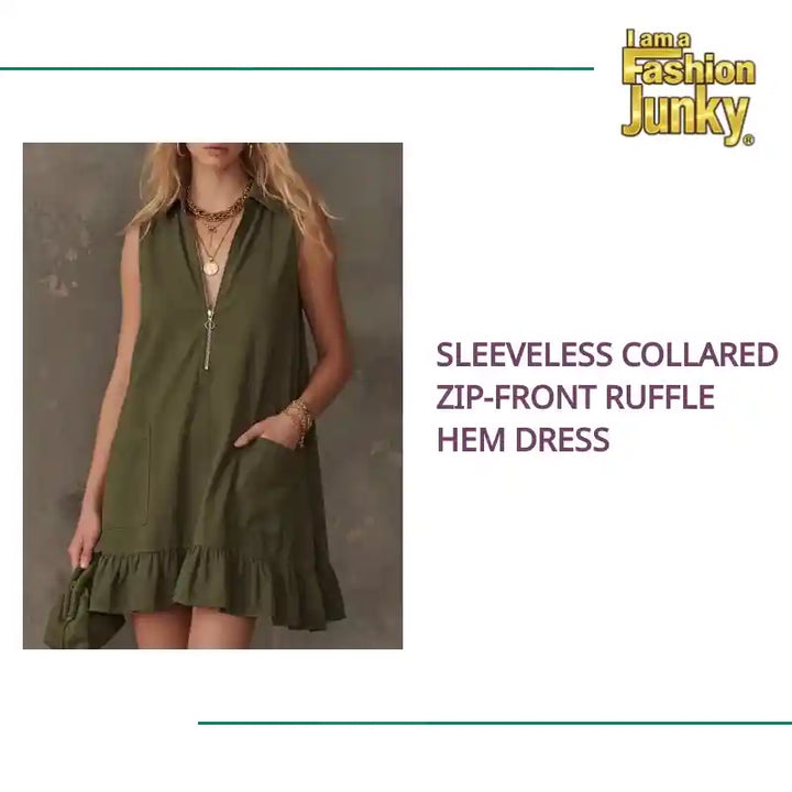 Sleeveless Collared Zip-Front Ruffle Hem Dress by@Outfy