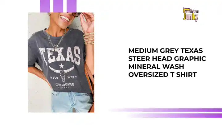Medium Grey TEXAS Steer Head Graphic Mineral Wash Oversized T Shirt by@Outfy