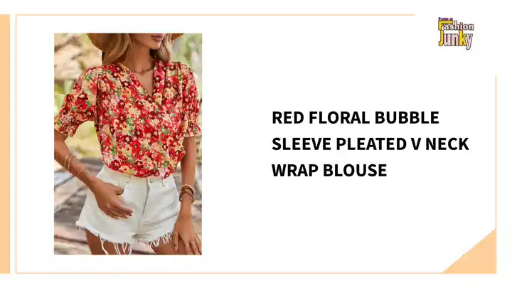 Red Floral Bubble Sleeve Pleated V Neck Wrap Blouse by@Outfy