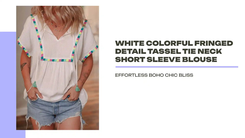 White Colorful Fringed Detail Tassel Tie Neck Short Sleeve Blouse by@Outfy