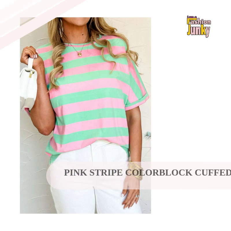 Pink Stripe Colorblock Cuffed Sleeve Loose Tee by@Outfy