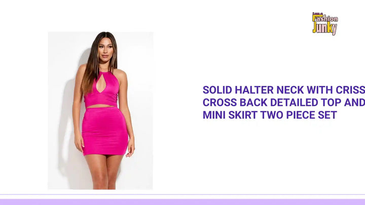 Solid Halter Neck With Criss Cross Back Detailed Top And Mini Skirt Two Piece Set by@Outfy