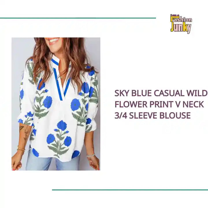 Sky Blue Casual Wild Flower Print V Neck 3/4 Sleeve Blouse by@Outfy