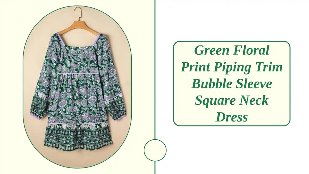 Green Floral Print Piping Trim Bubble Sleeve Square Neck Dress by@Outfy