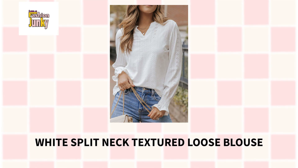 White Split Neck Textured Loose Blouse by@Outfy