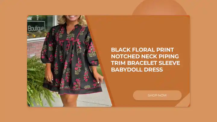 Black Floral Print Notched Neck Piping Trim Bracelet Sleeve Babydoll Dress by@Outfy