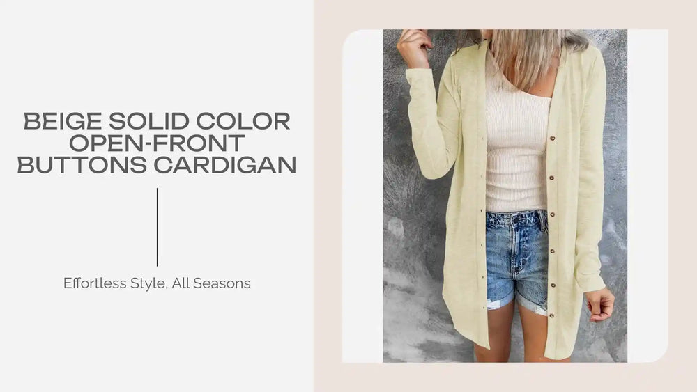 Beige Solid Color Open-Front Buttons Cardigan by@Outfy