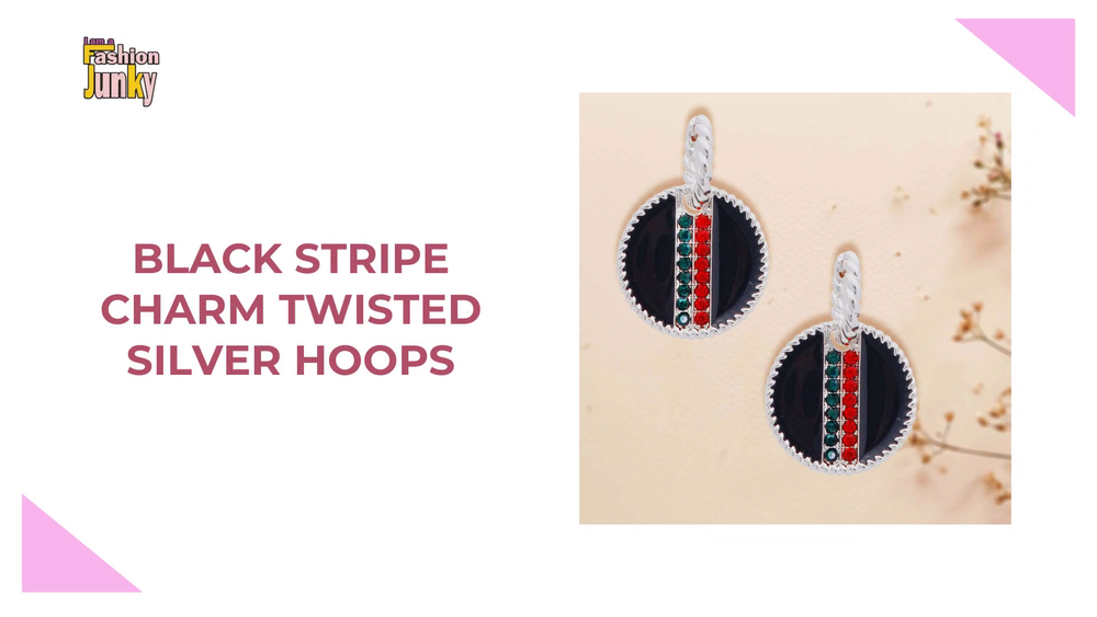 Black Stripe Charm Twisted Silver Hoops by@Outfy