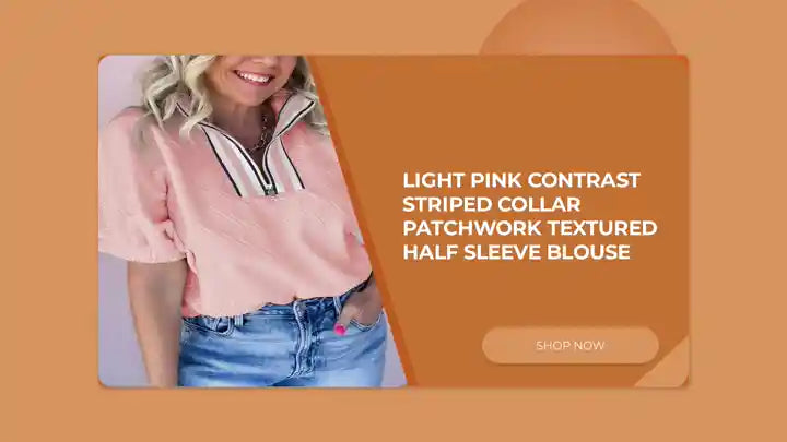Light Pink Contrast Striped Collar Patchwork Textured Half Sleeve Blouse by@Outfy