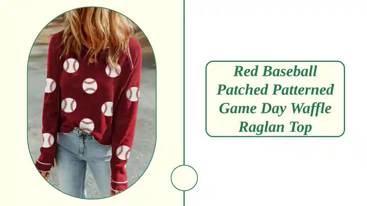 Red Baseball Patched Patterned Game Day Waffle Raglan Top by@Outfy