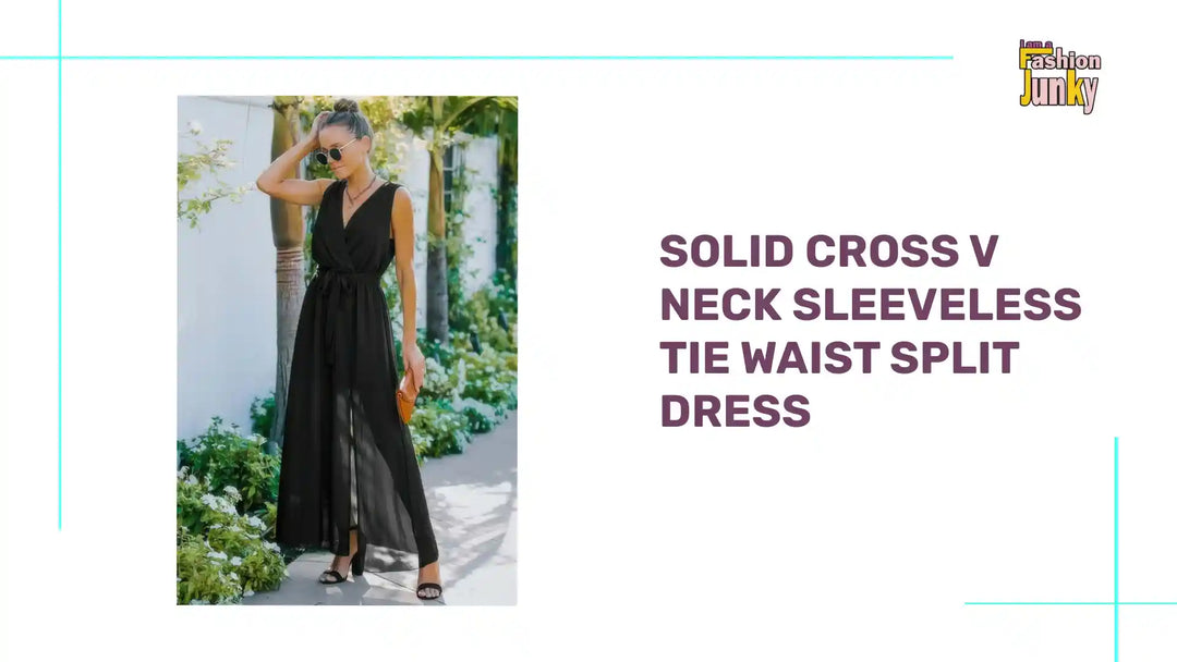 Solid Cross V Neck Sleeveless Tie Waist Split Dress by@Outfy