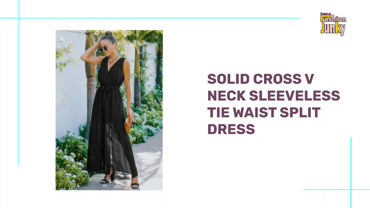 Solid Cross V Neck Sleeveless Tie Waist Split Dress by@Outfy