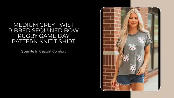 Medium Grey Twist Ribbed Sequined Bow Rugby Game Day Pattern Knit T Shirt by@Outfy