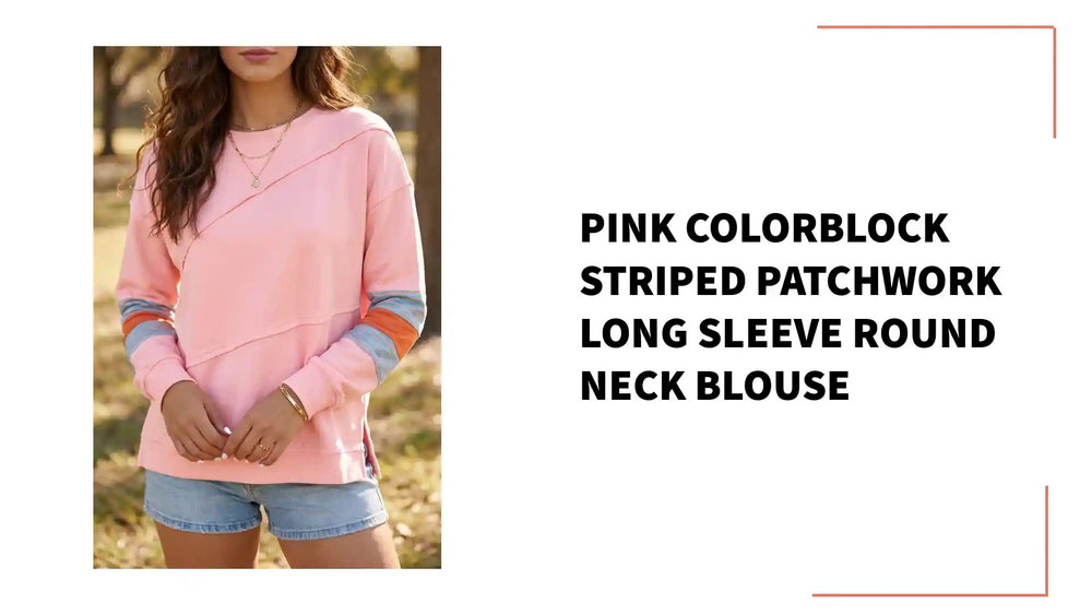 Pink Colorblock Striped Patchwork Long Sleeve Round Neck Blouse by@Outfy