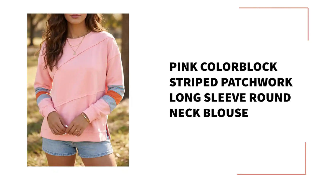 Pink Colorblock Striped Patchwork Long Sleeve Round Neck Blouse by@Outfy