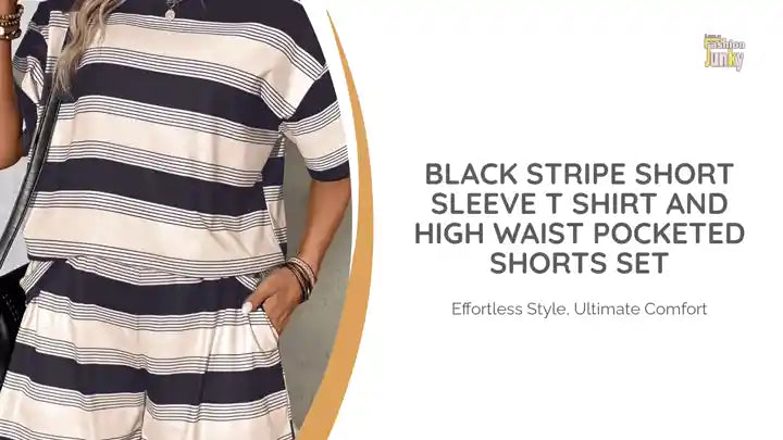 Black Stripe Short Sleeve T Shirt and High Waist Pocketed Shorts Set by@Outfy