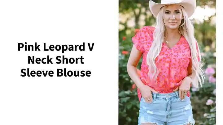 Pink Leopard V Neck Short Sleeve Blouse by@Outfy