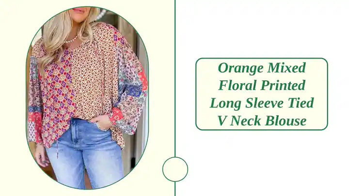 Orange Mixed Floral Printed Long Sleeve Tied V Neck Blouse by@Outfy